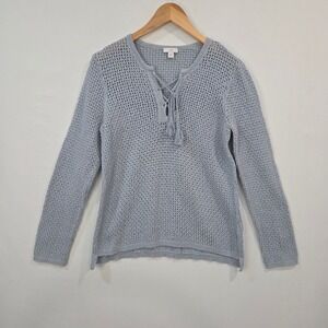 J Jill Womens S Blue Cotton Open Knit Mesh V-Neck‎ Sweater Tassel Boho